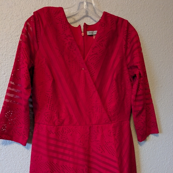 Danny & Nicole Ruby Red 3/4 Sleeve Dress Striped Floral Lace Midi Sz. 10 - Picture 14 of 16